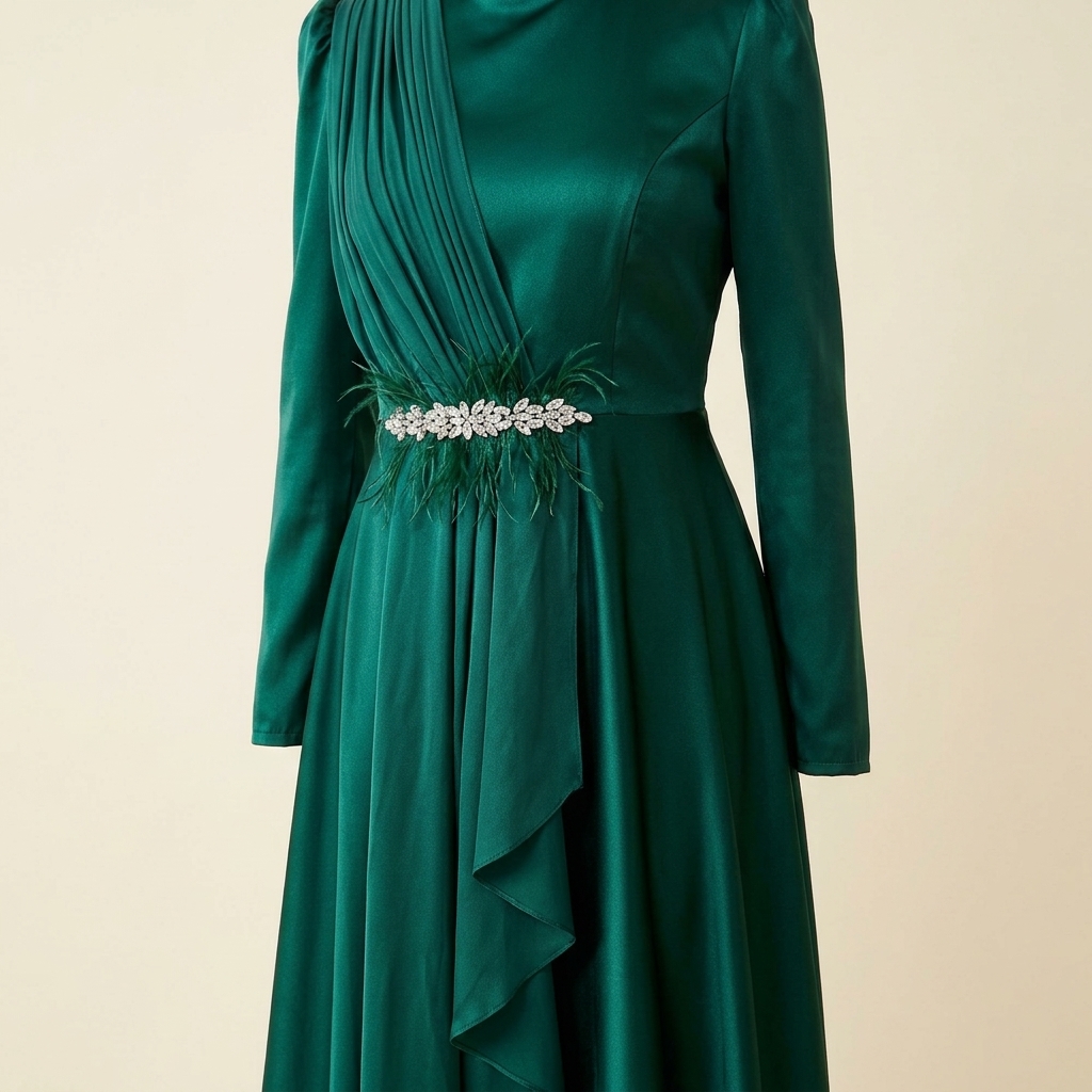 Robe de Soirée Longue en Satin Vert Émeraude avec Détails Drapés