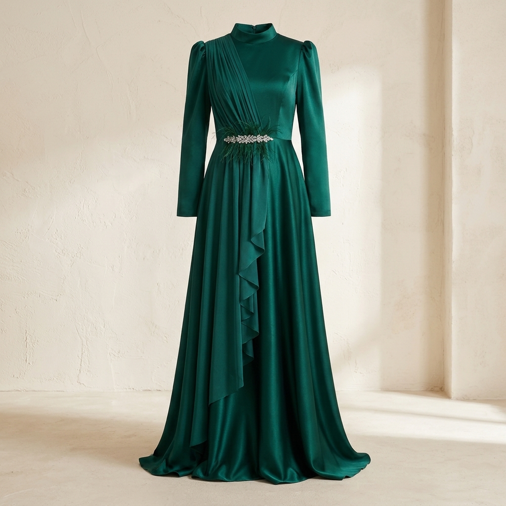 Robe de Soirée Longue en Satin Vert Émeraude avec Détails Drapés