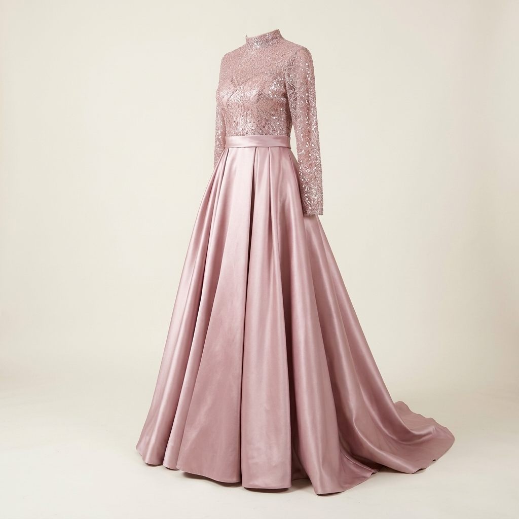 Robe de Soirée Longue en Satin Rose Poudré avec Buste Pailleté