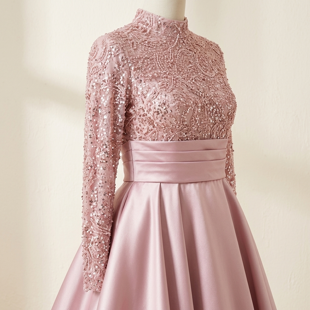 Robe de Soirée Longue en Satin Rose Poudré avec Buste Pailleté