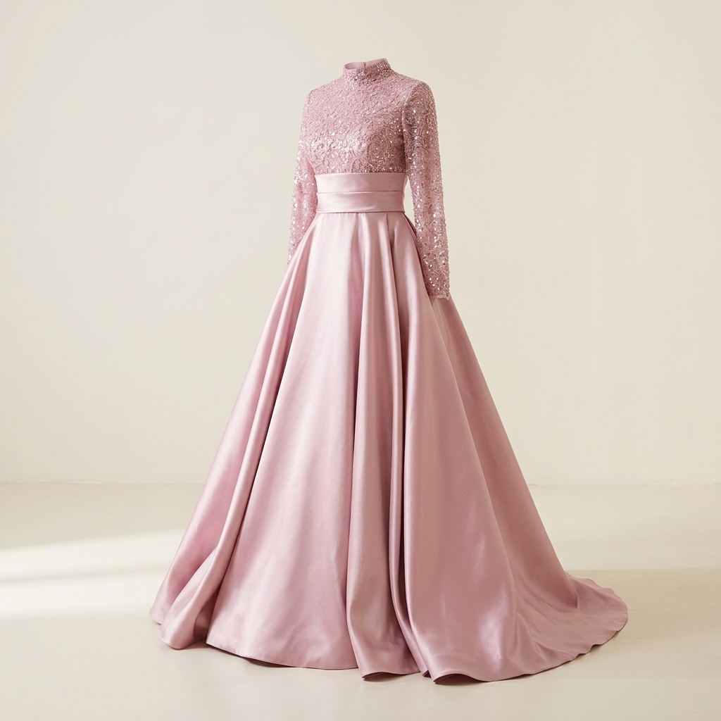 Robe de Soirée Longue en Satin Rose Poudré avec Buste Pailleté