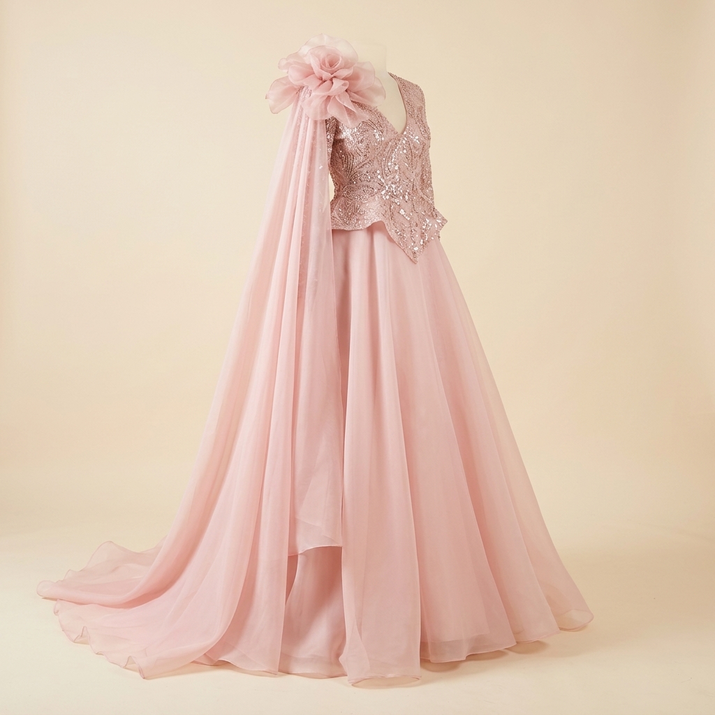 Robe de Soirée Longue Rose Poudré avec Cape et Broderies Scintillantes