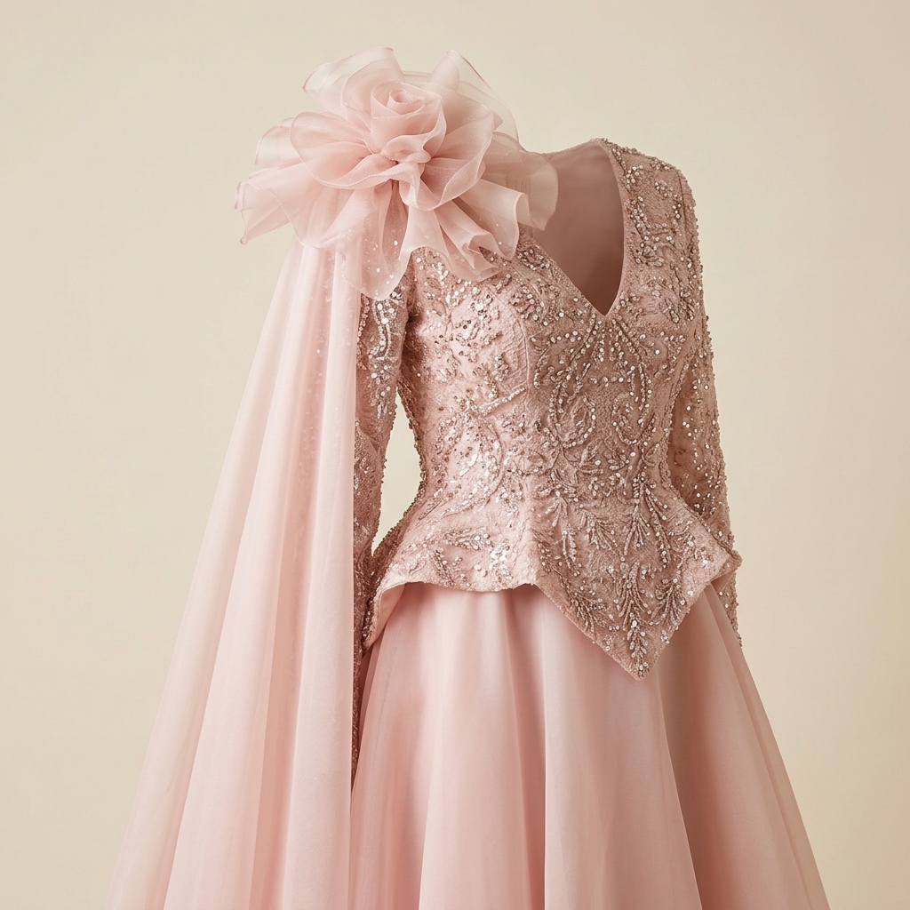 Robe de Soirée Longue Rose Poudré avec Cape et Broderies Scintillantes