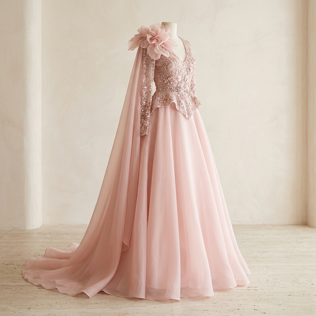 Robe de Soirée Longue Rose Poudré avec Cape et Broderies Scintillantes