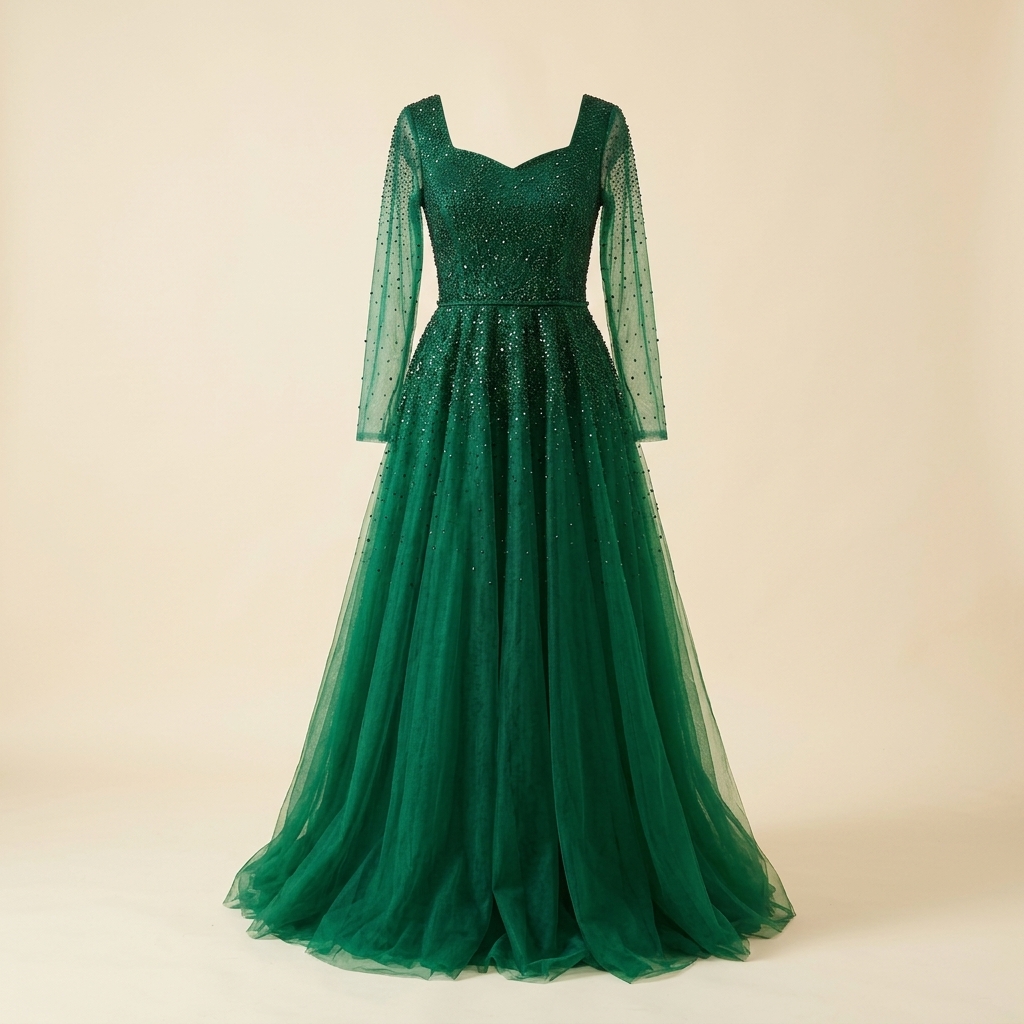 Robe de Soirée Longue en Tulle Vert Émeraude à Perles