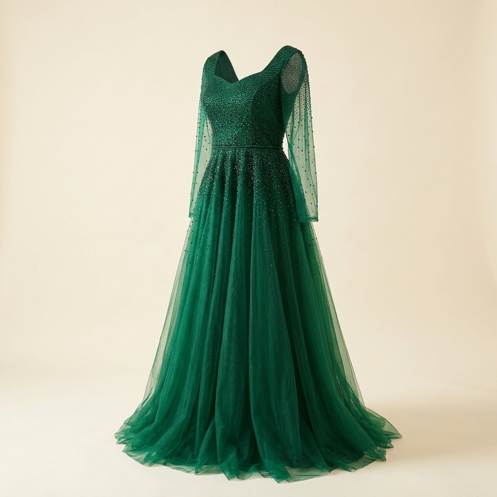 Robe de Soirée Longue en Tulle Vert Émeraude à Perles