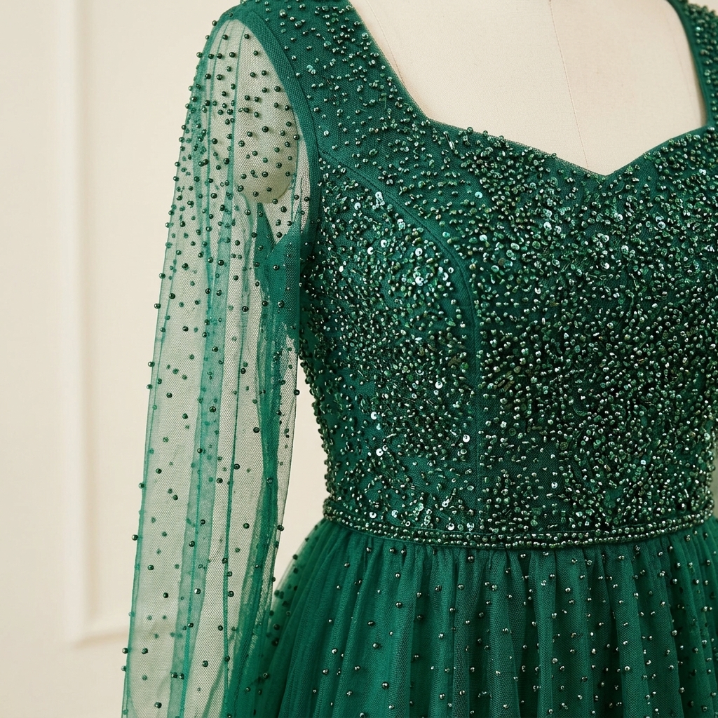 Robe de Soirée Longue en Tulle Vert Émeraude à Perles