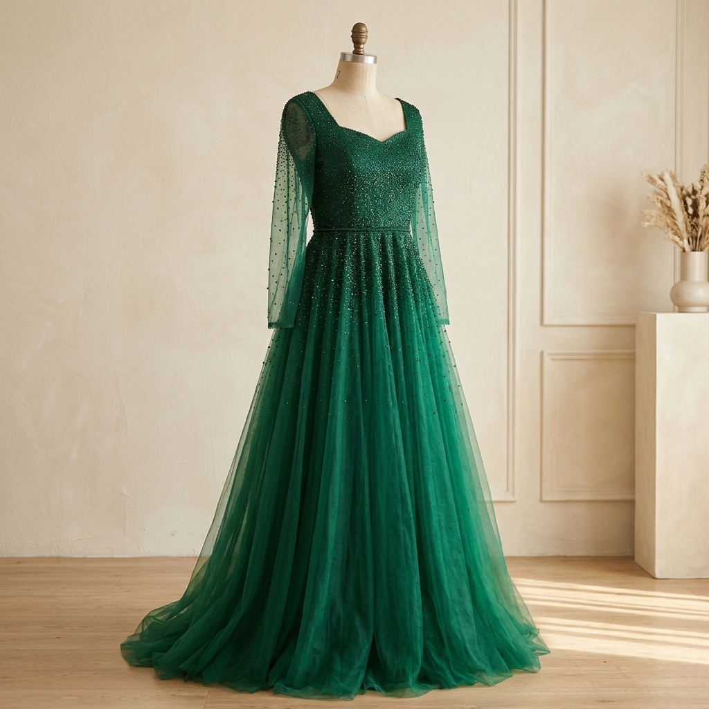 Robe de Soirée Longue en Tulle Vert Émeraude à Perles