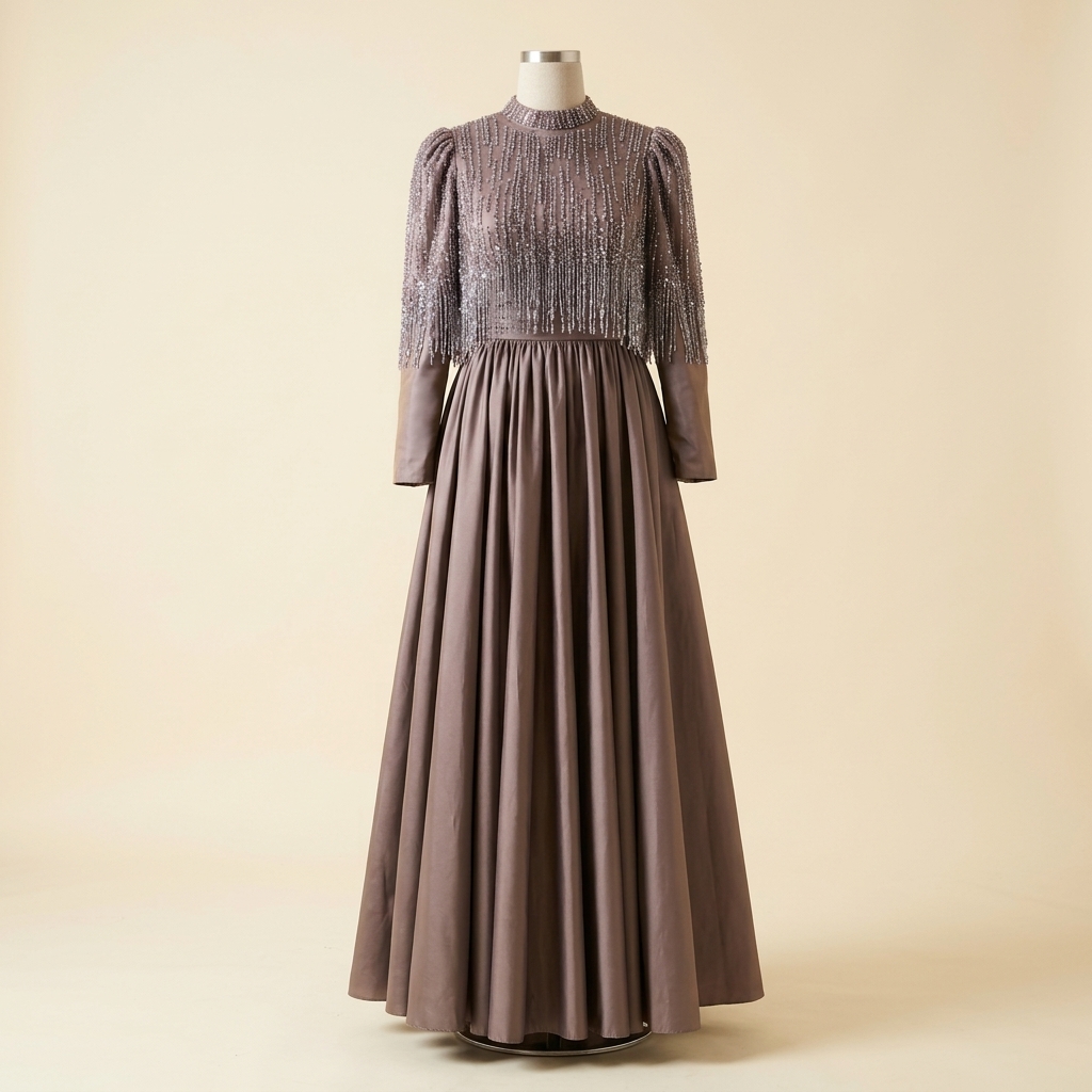 Robe de Soirée Longue avec Cape Perlée à Franges