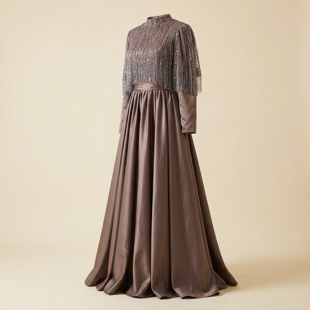 Robe de Soirée Longue avec Cape Perlée à Franges