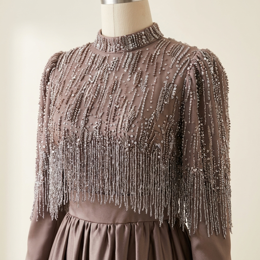Robe de Soirée Longue avec Cape Perlée à Franges