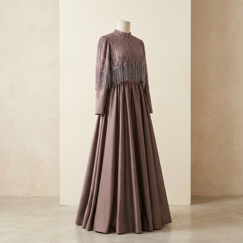 Robe de Soirée Longue avec Cape Perlée à Franges