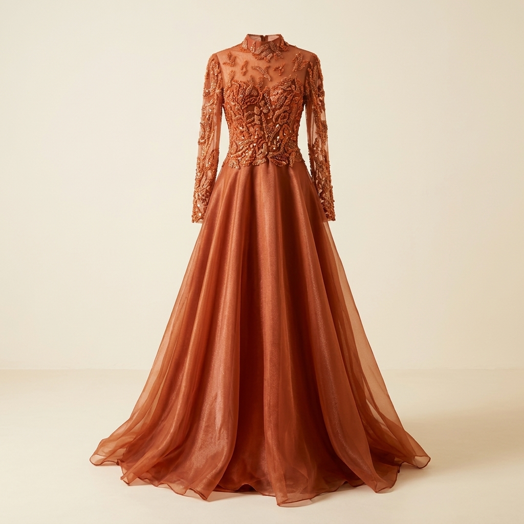 Robe de Soirée Longue Terracotta à Broderies et Sequins