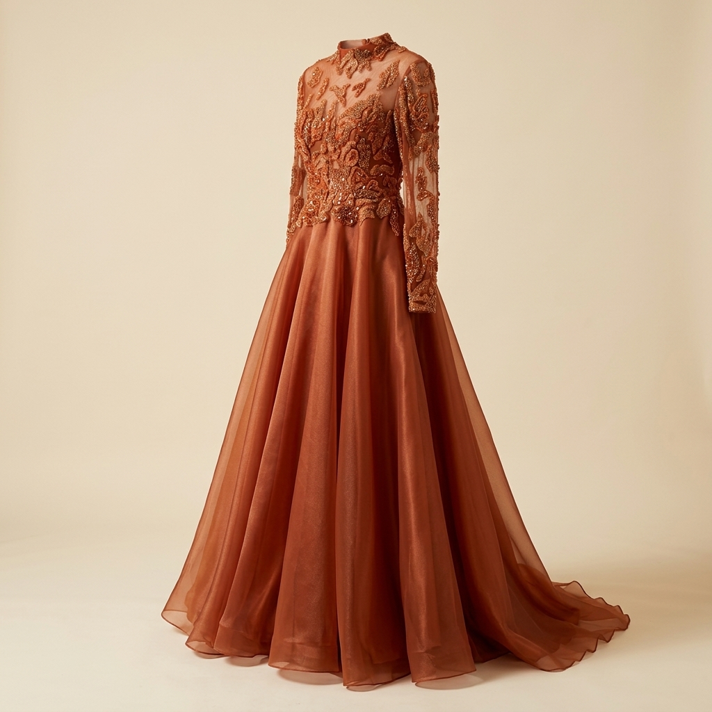 Robe de Soirée Longue Terracotta à Broderies et Sequins
