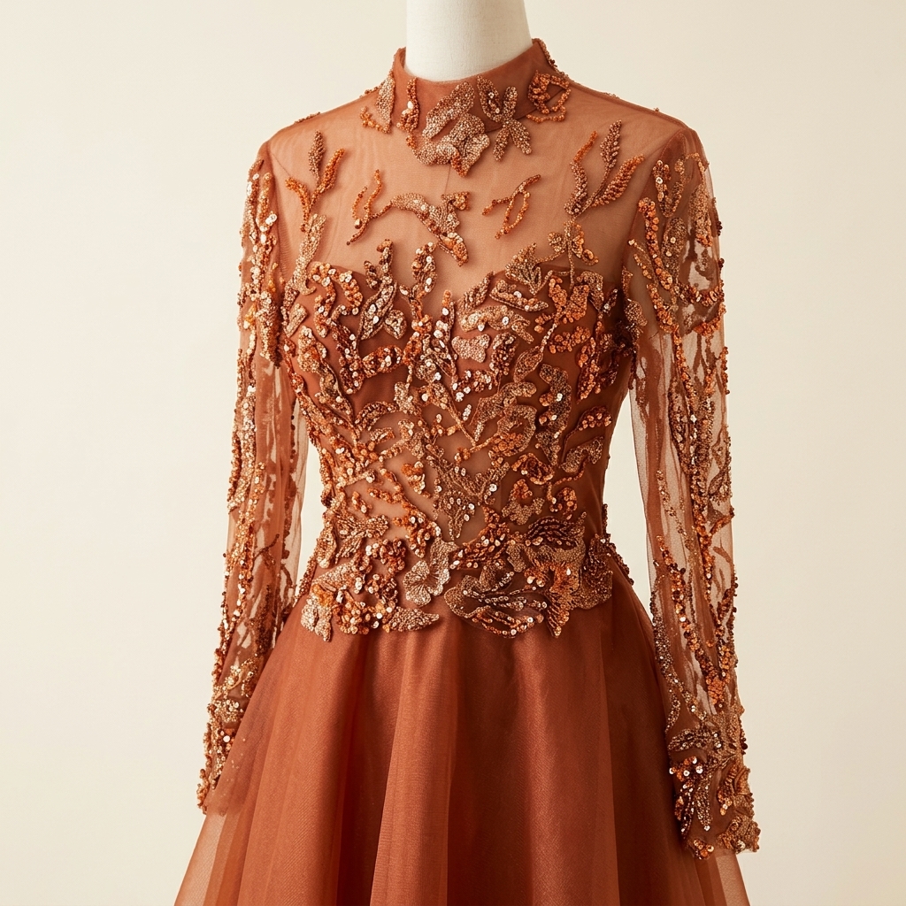 Robe de Soirée Longue Terracotta à Broderies et Sequins