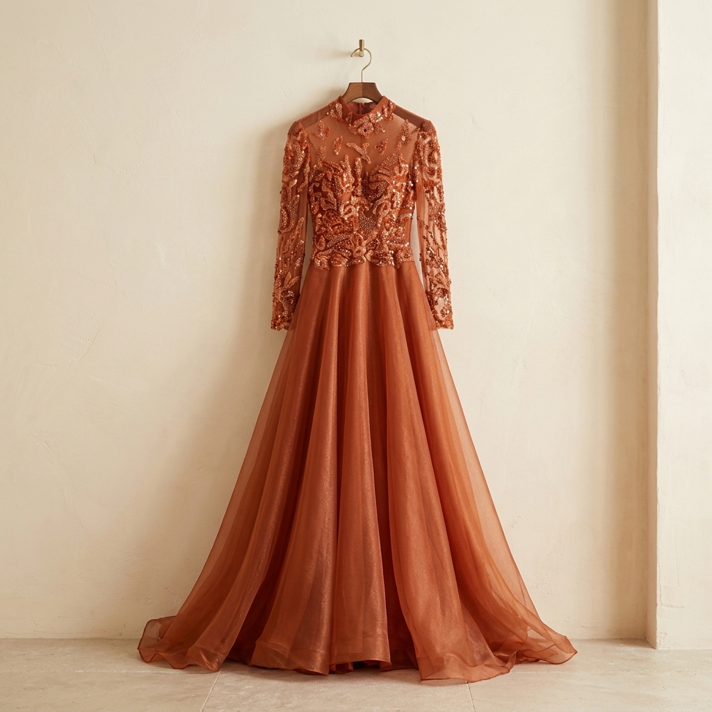Robe de Soirée Longue Terracotta à Broderies et Sequins