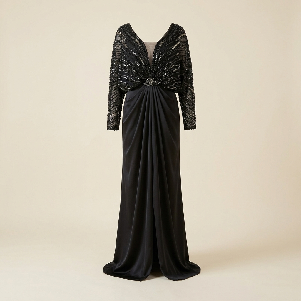 Robe de Soirée Longue Noire Drapée avec Haut à Sequins
