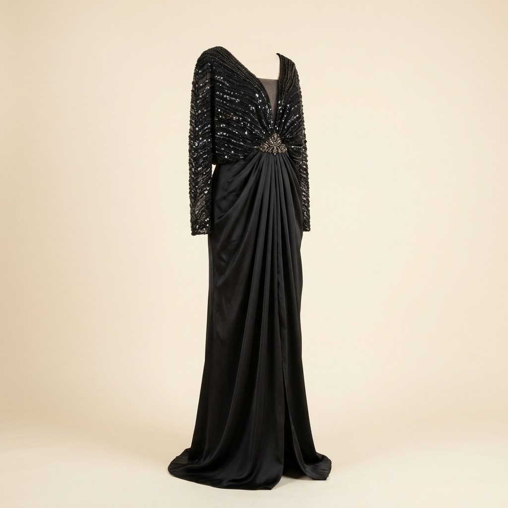 Robe de Soirée Longue Noire Drapée avec Haut à Sequins