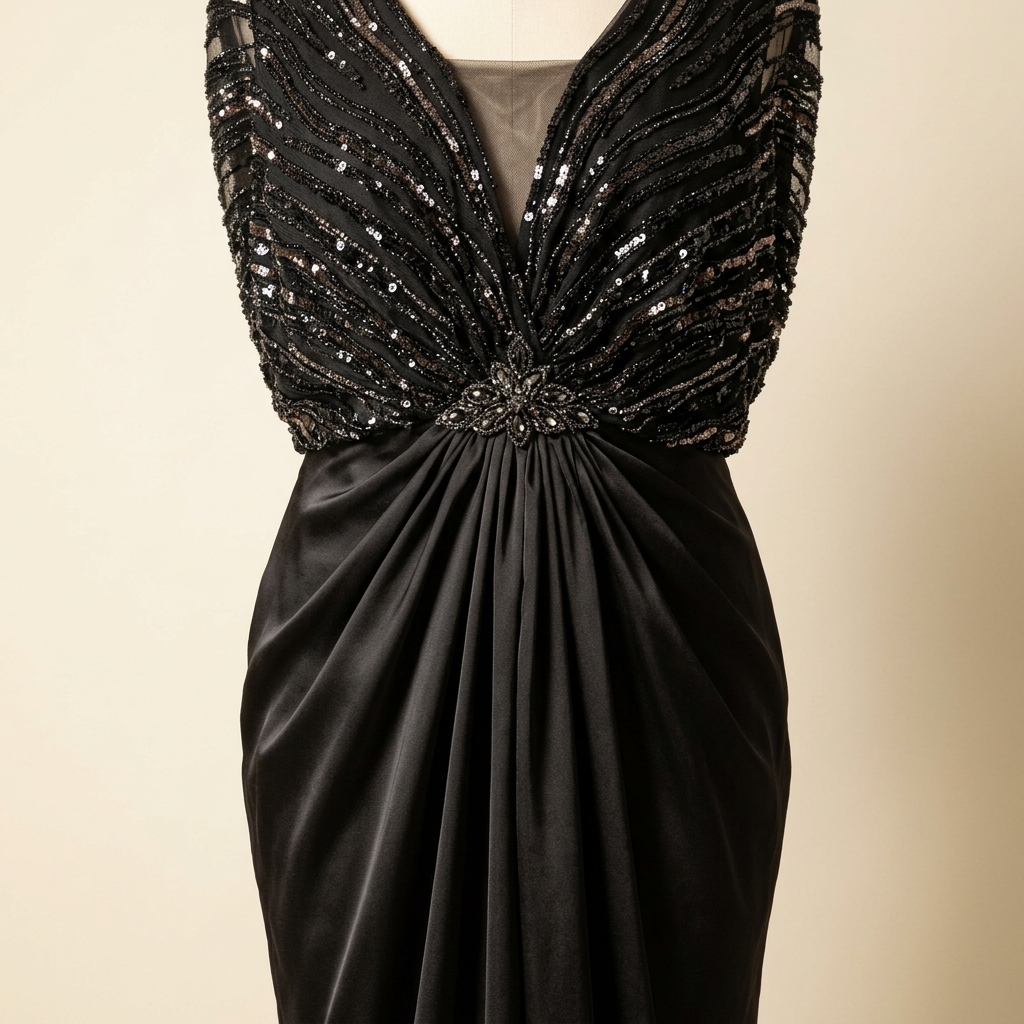 Robe de Soirée Longue Noire Drapée avec Haut à Sequins
