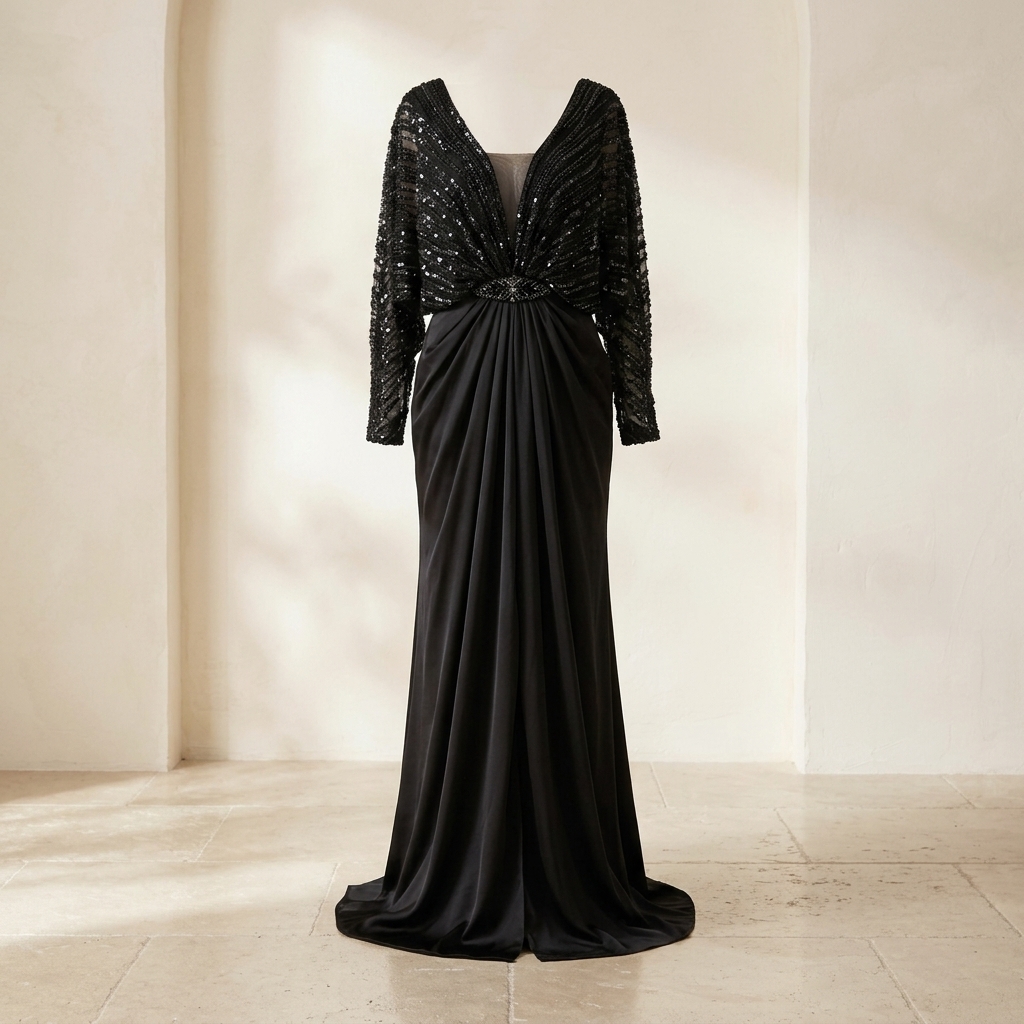 Robe de Soirée Longue Noire Drapée avec Haut à Sequins