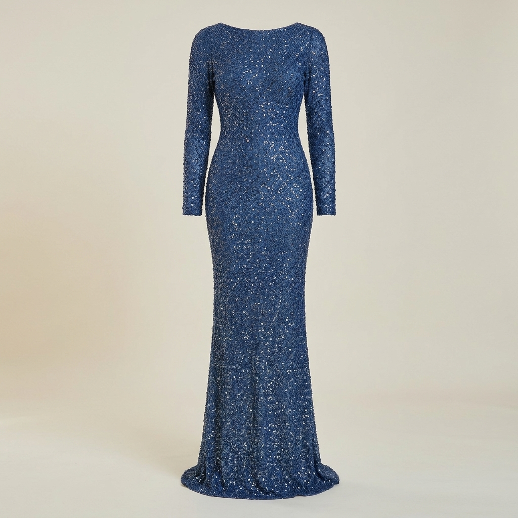 Robe de Soirée Longue Scintillante à Manches Longues Kenzel - Bleu