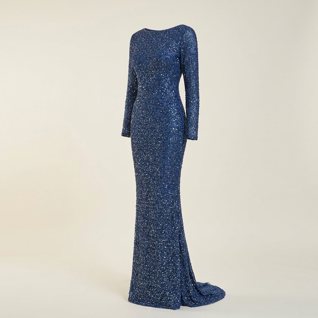 Robe de Soirée Longue Scintillante à Manches Longues Kenzel - Bleu