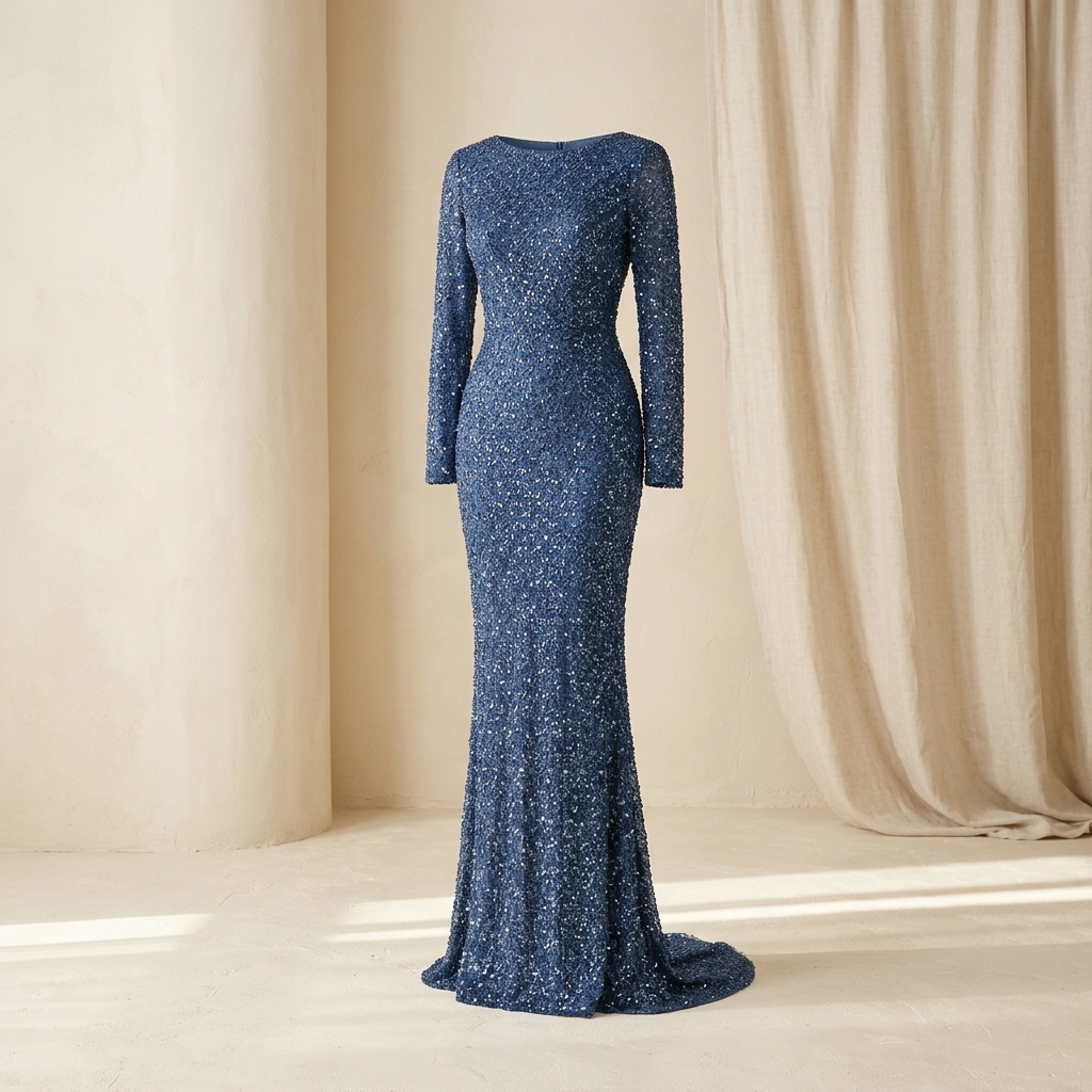 Robe de Soirée Longue Scintillante à Manches Longues Kenzel - Bleu