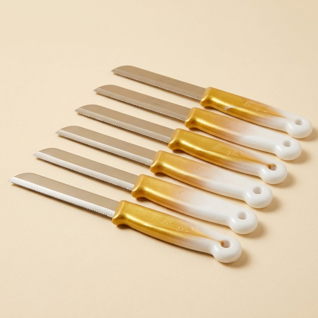 Lot de 6 couteaux de cuisine Solingen à lame dentelée - Blanc et doré