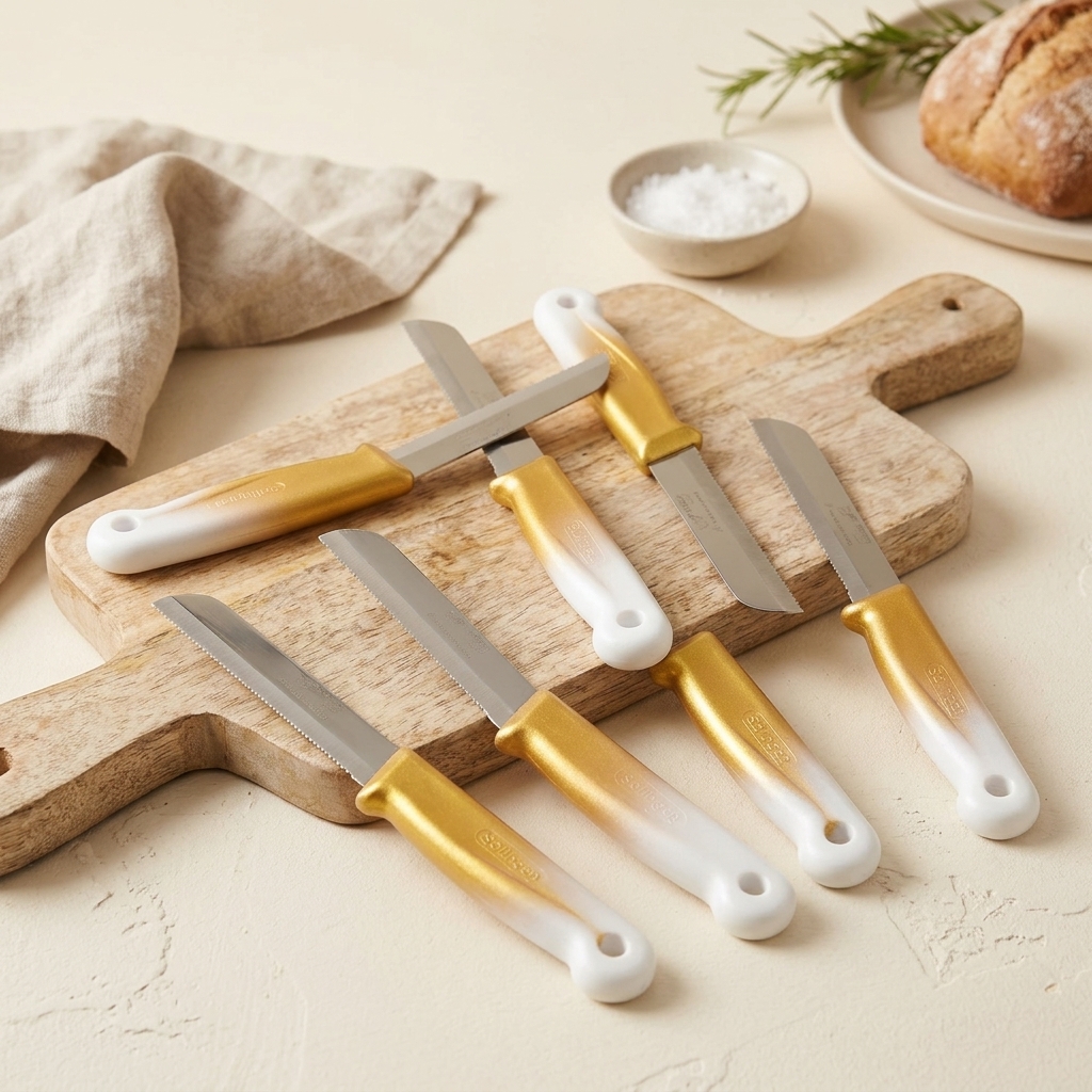 Lot de 6 couteaux de cuisine Solingen à lame dentelée - Blanc et doré