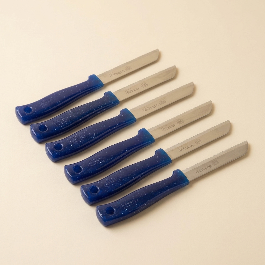 Lot de 6 couteaux d'office Solingen à lame dentée bleu pailleté