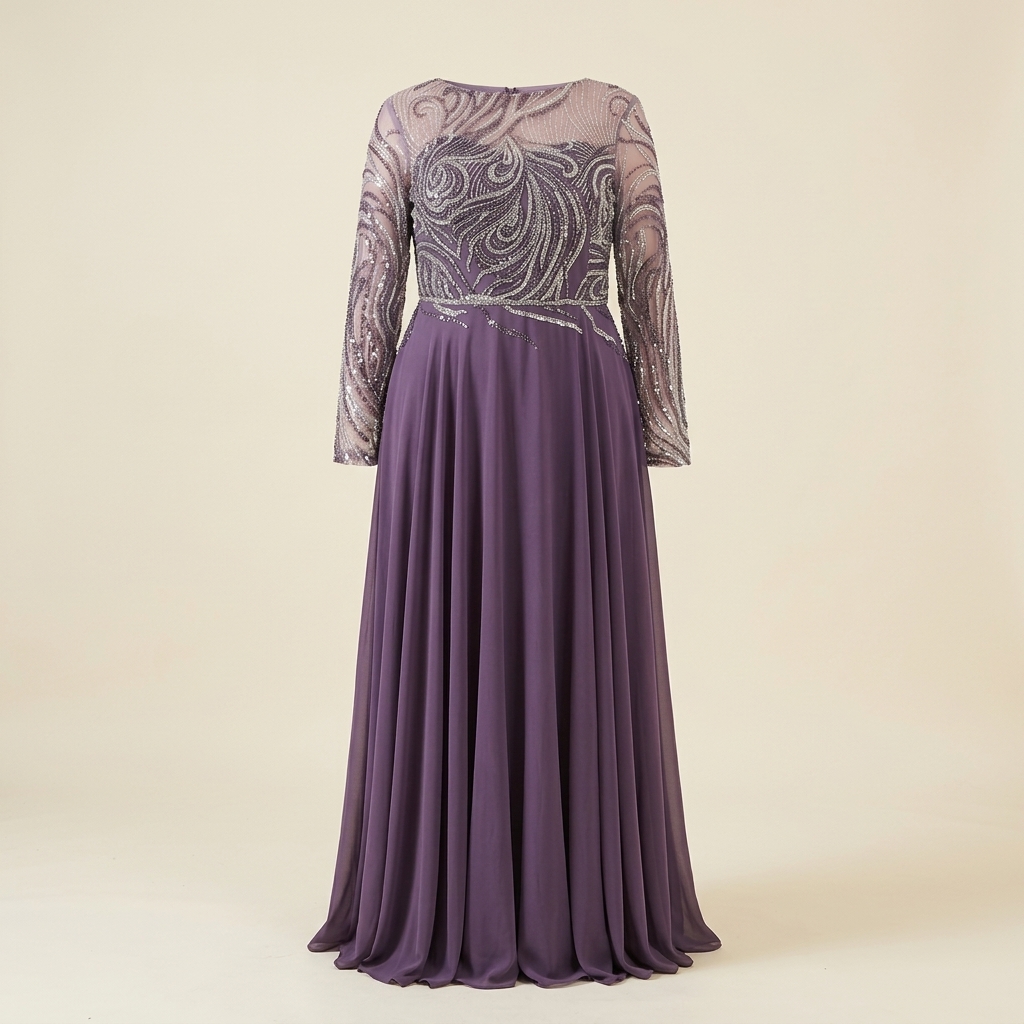 Robe de Soirée Longue Grande Taille Brodée de Paillettes - Mauve