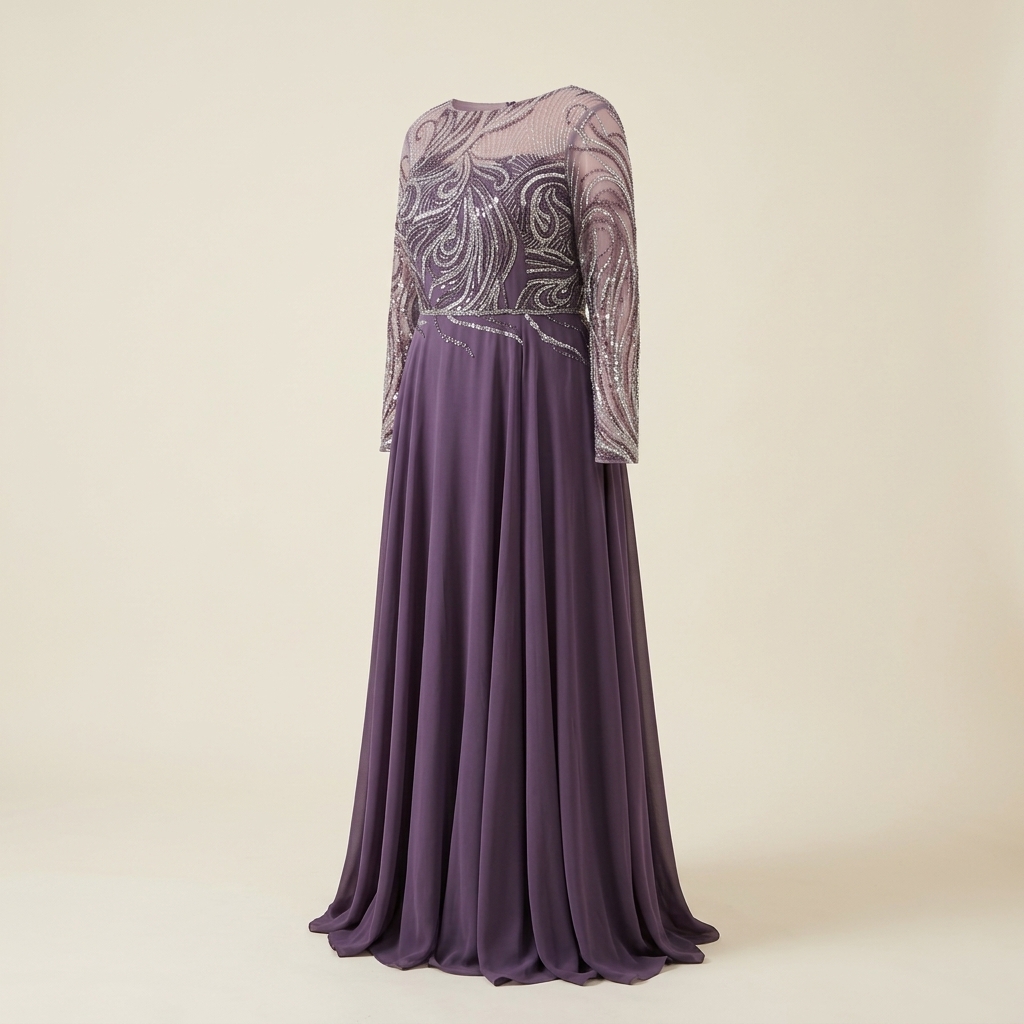 Robe de Soirée Longue Grande Taille Brodée de Paillettes - Mauve