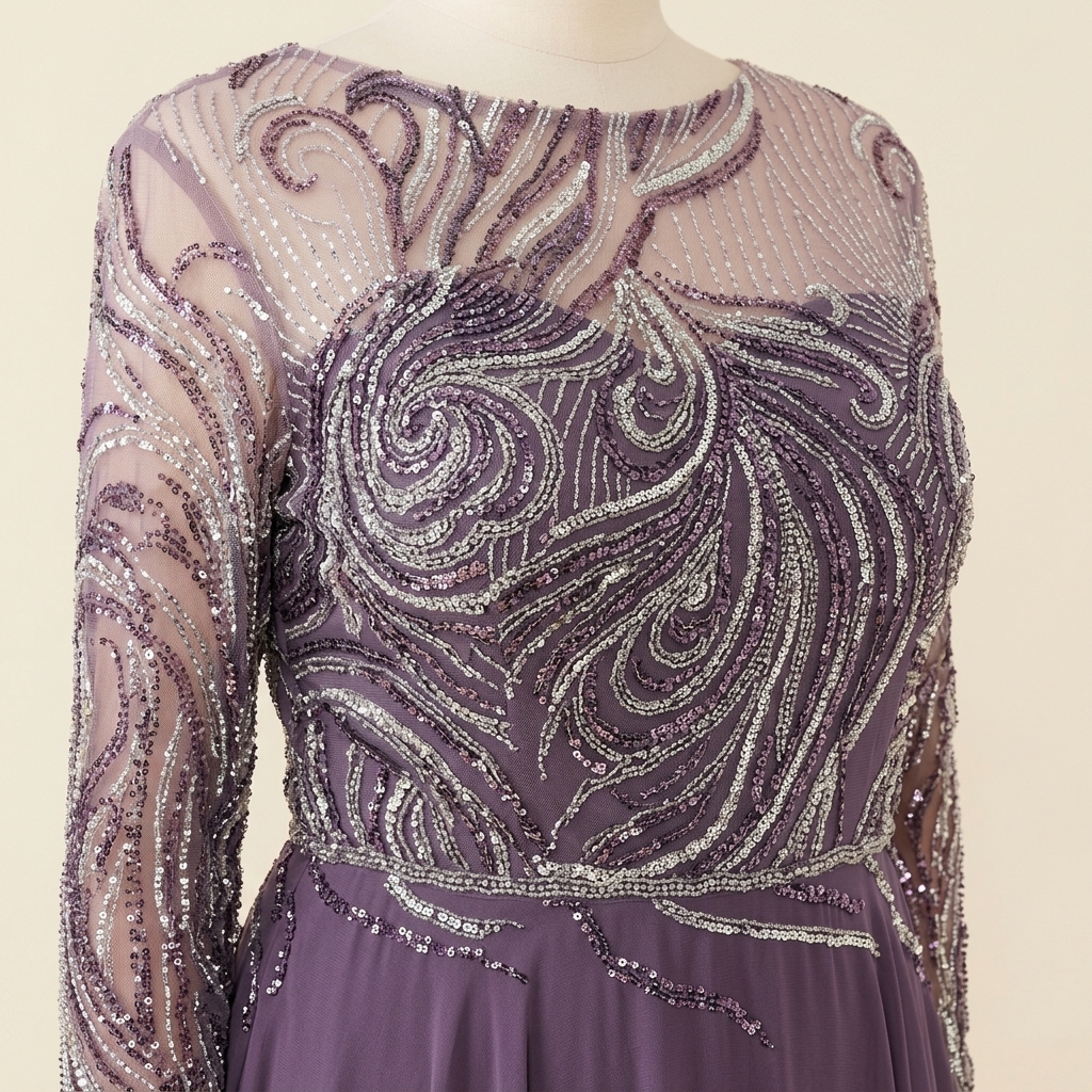 Robe de Soirée Longue Grande Taille Brodée de Paillettes - Mauve