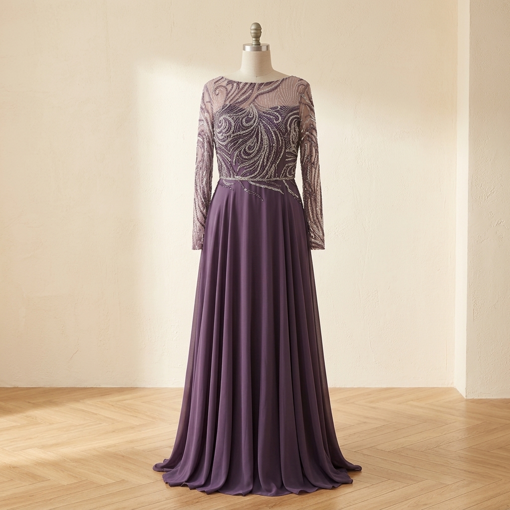 Robe de Soirée Longue Grande Taille Brodée de Paillettes - Mauve