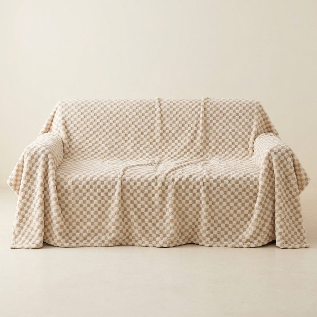 Housse de Canapé Antidérapante à Motif Damier Beige