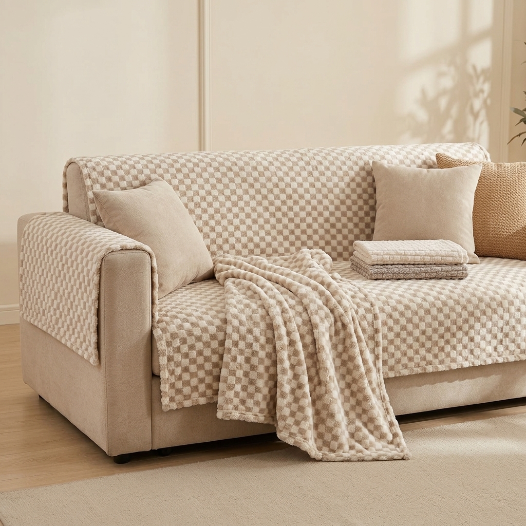 Housse de Canapé Antidérapante à Motif Damier Beige