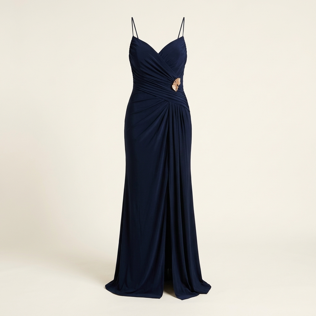 Robe de soirée longue drapée à fente - Bleu marine
