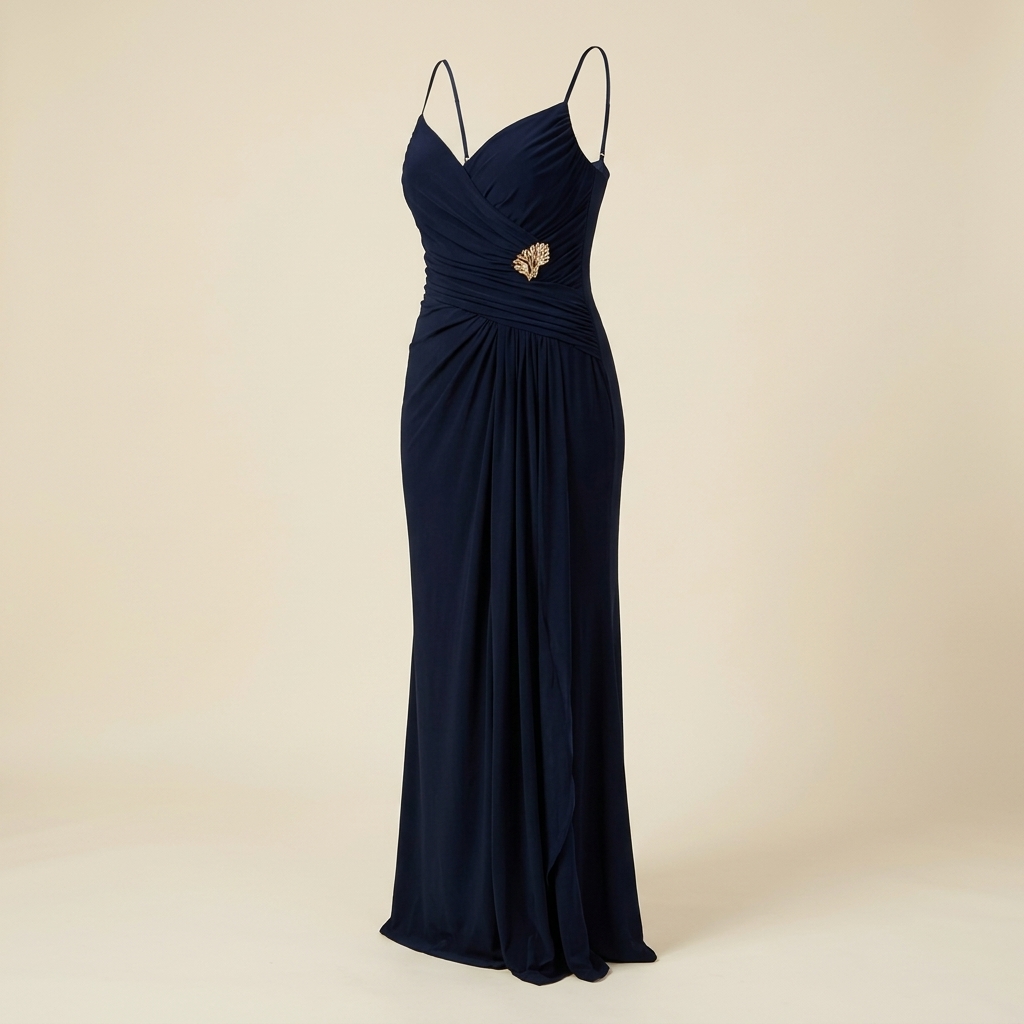 Robe de soirée longue drapée à fente - Bleu marine