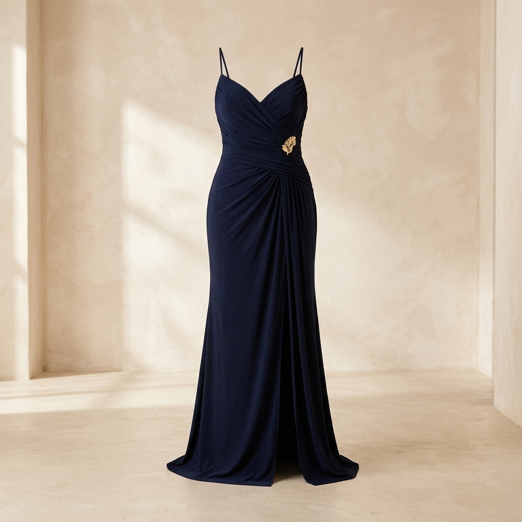 Robe de soirée longue drapée à fente - Bleu marine