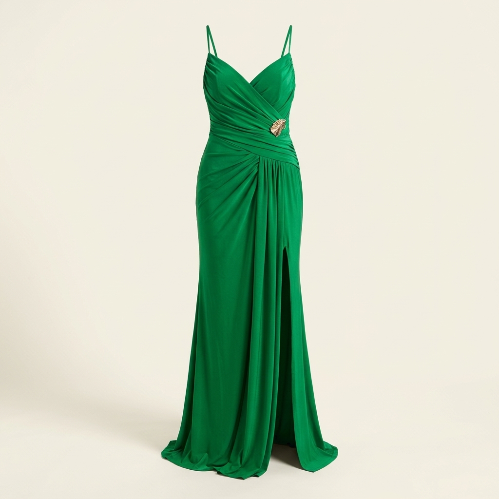 Robe de Soirée Longue Drapée Verte à Fente