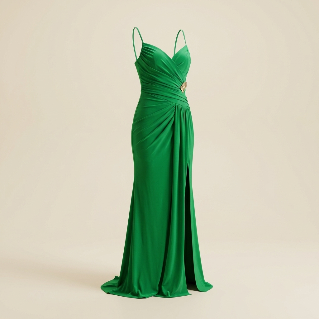 Robe de Soirée Longue Drapée Verte à Fente