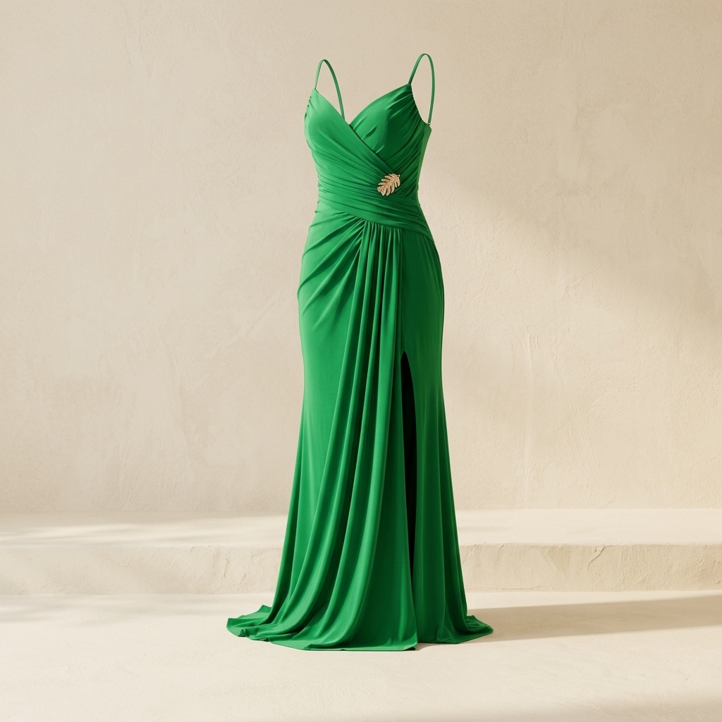 Robe de Soirée Longue Drapée Verte à Fente