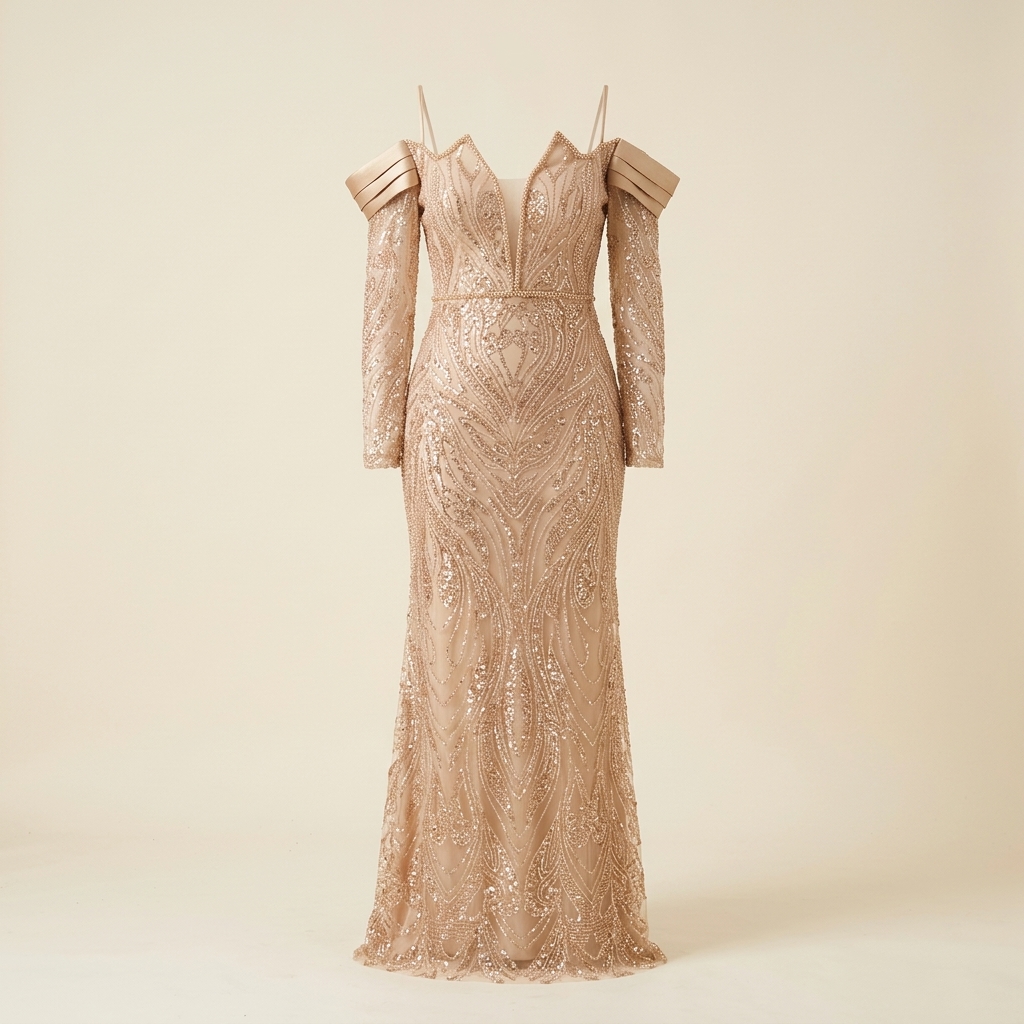 Robe de Soirée Longue Champagne Brodée de Sequins