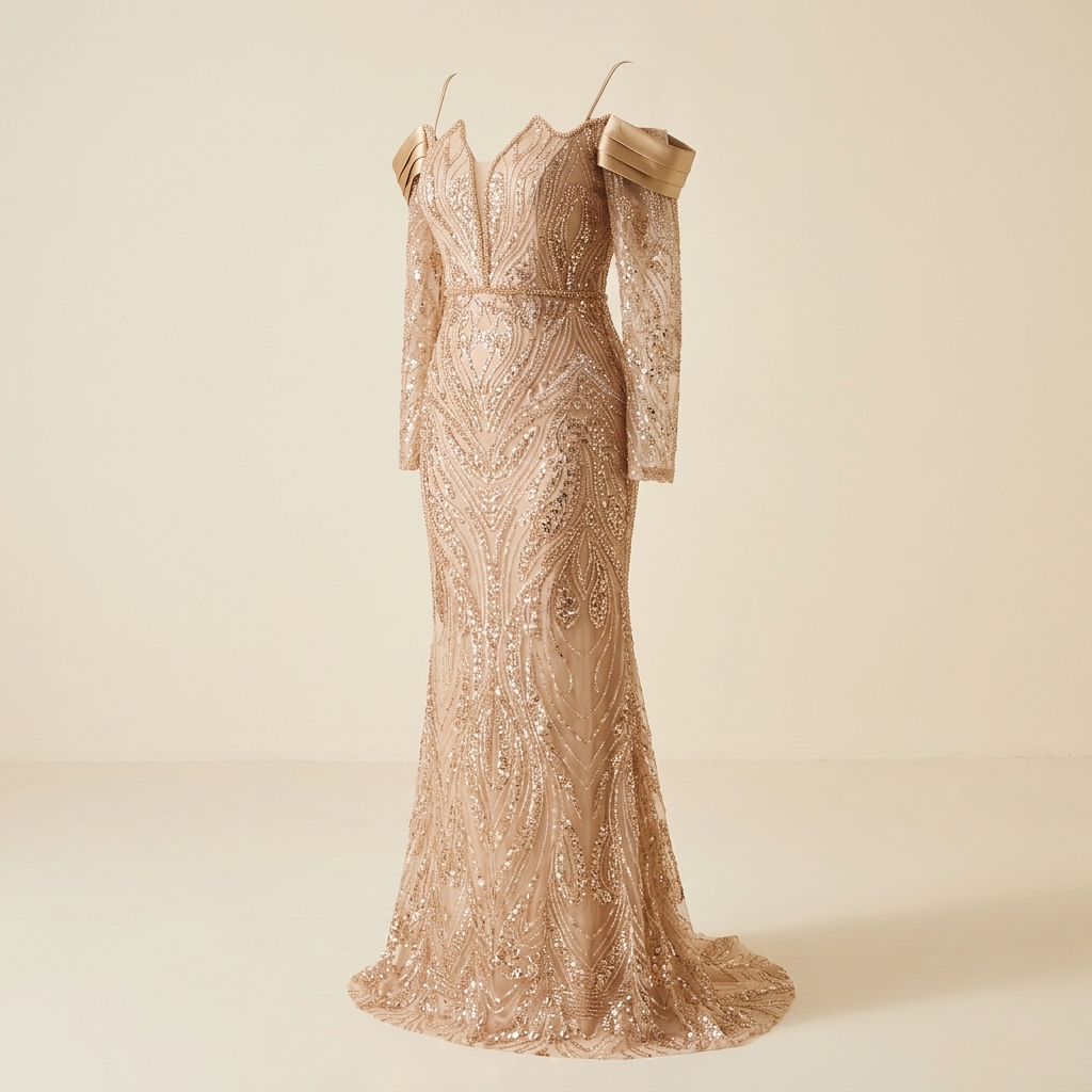 Robe de Soirée Longue Champagne Brodée de Sequins