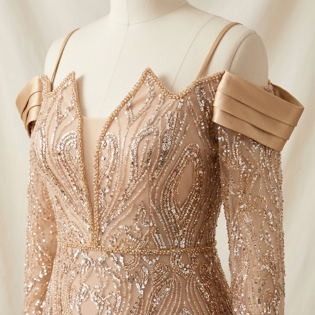 Robe de Soirée Longue Champagne Brodée de Sequins