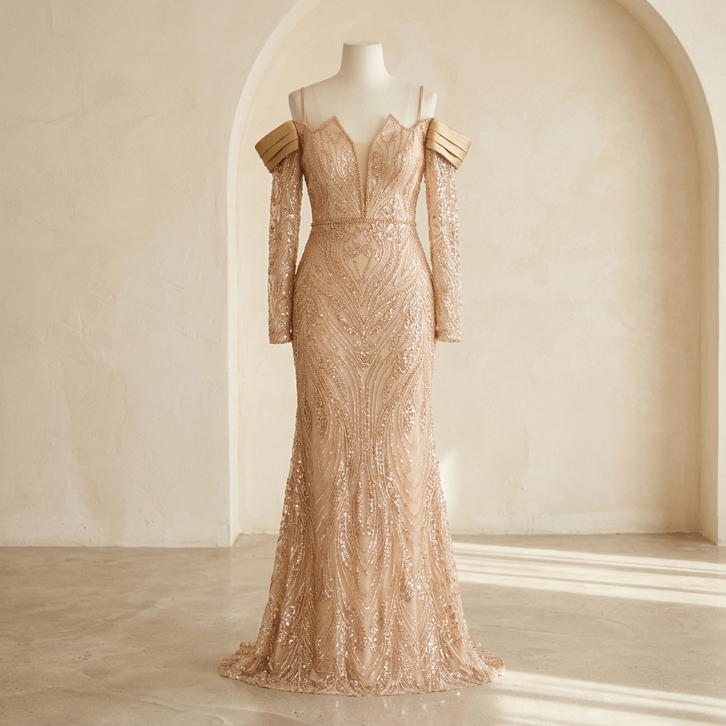 Robe de Soirée Longue Champagne Brodée de Sequins