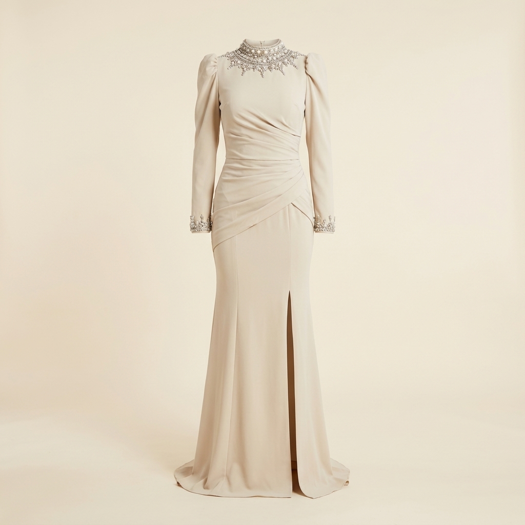 Robe de Soirée Longue Beige à Col et Poignets Perlés