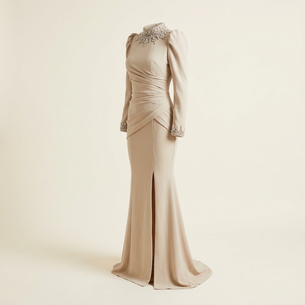 Robe de Soirée Longue Beige à Col et Poignets Perlés