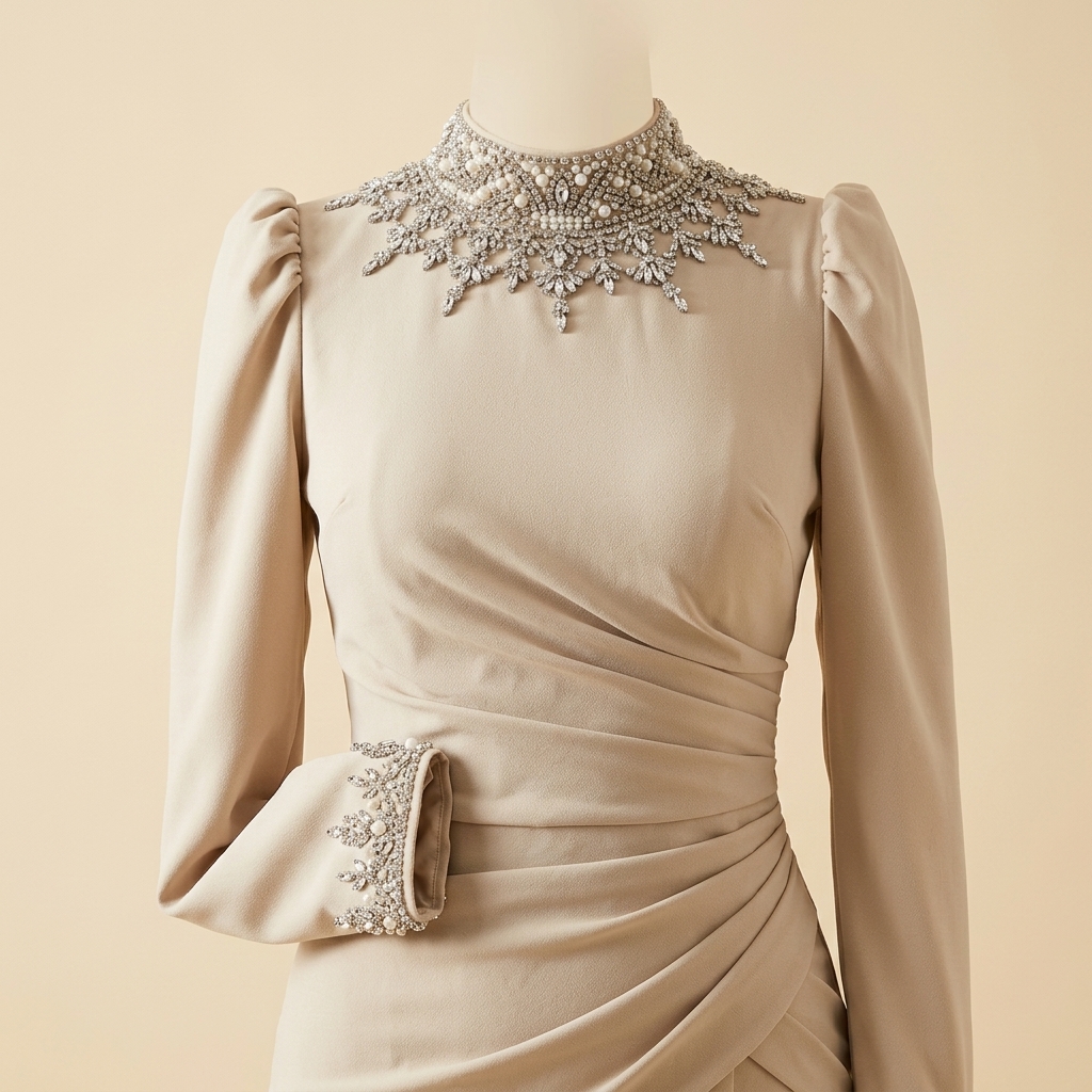 Robe de Soirée Longue Beige à Col et Poignets Perlés