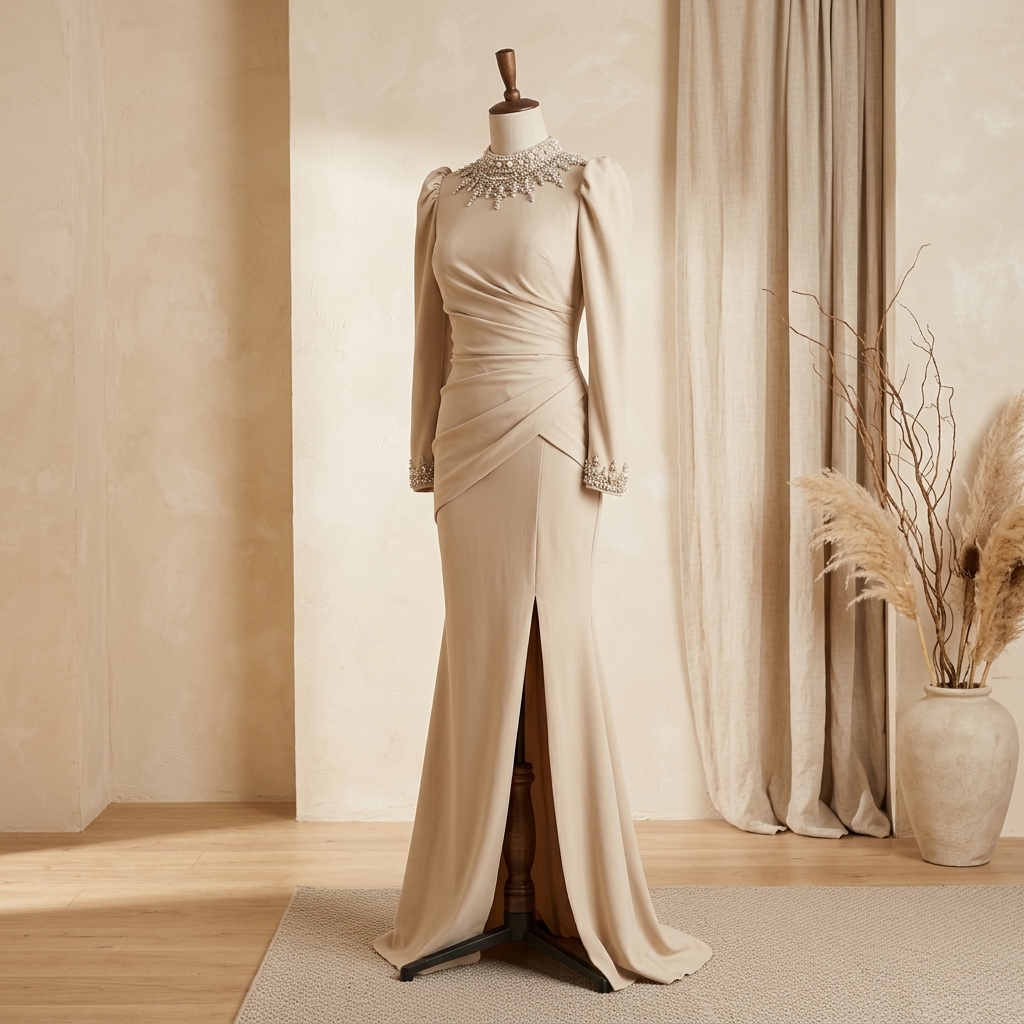 Robe de Soirée Longue Beige à Col et Poignets Perlés